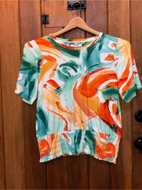 Chico's Orange Green Cream Abstract Short Sleeve Top